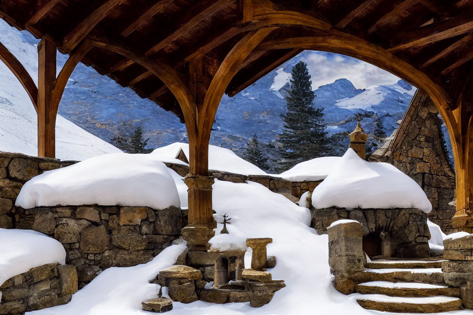 Snowy scene with wooden arch, mountains, and stone fountain.