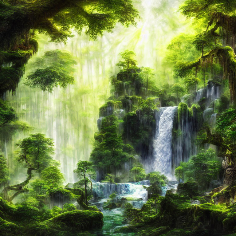 Misty Waterfalls in Vibrant Green Enchanted Forest