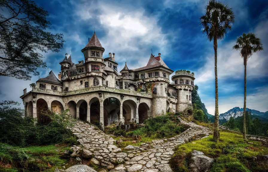 Stone castle with turrets, archways, cobblestone path, palm tree, and dramatic sky