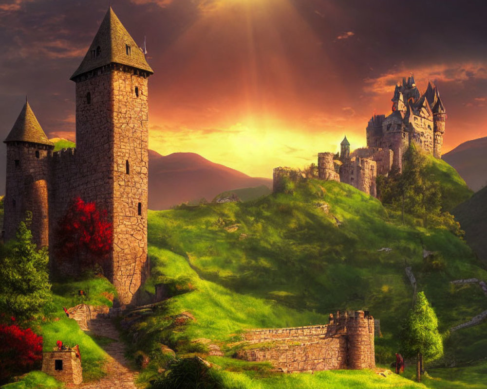 Majestic fantasy castle on green hills at sunrise with ancient stone path