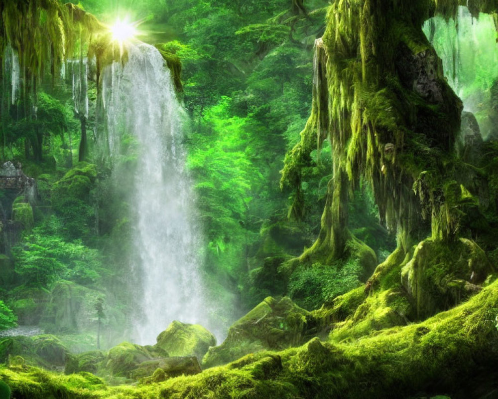 Serene forest scene with mossy trees, sunbeam, and misty waterfall