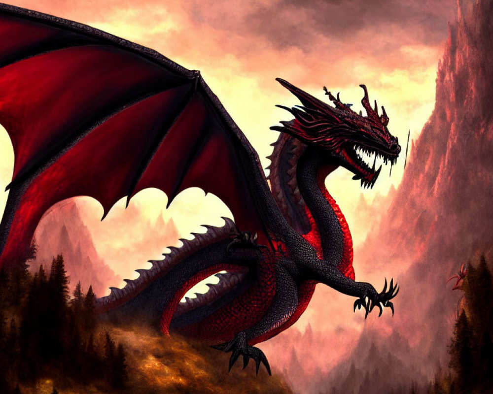 Red Dragon Perched on Rocky Terrain with Unfurled Wings