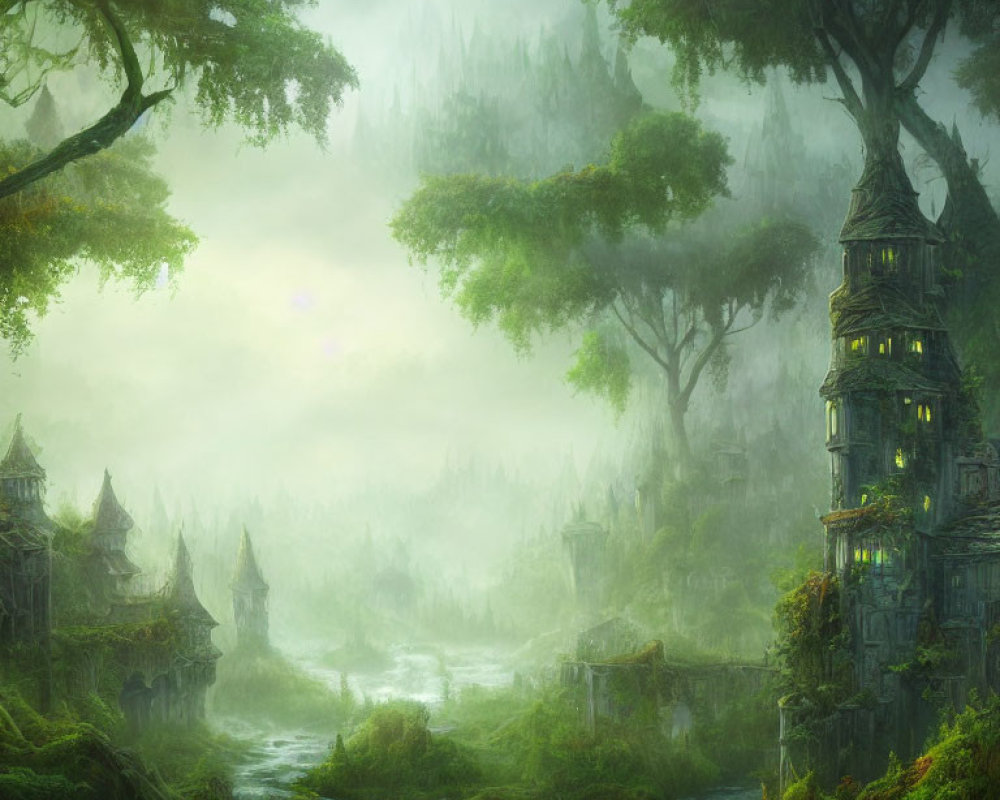 Misty fantasy landscape with ancient trees, ruins, and river