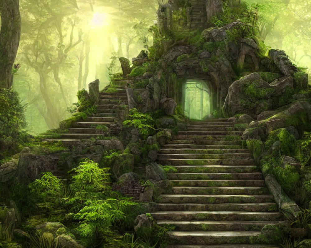 Ethereal forest scene with sunlight filtering through canopy onto moss-covered steps and ancient door on tree-covered