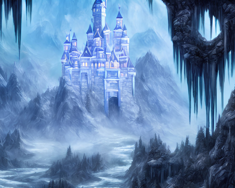 Mystical castle on rugged mountains in icy landscape