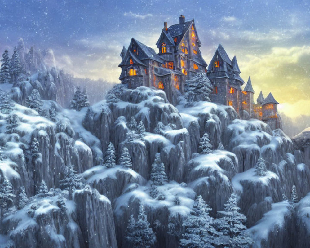 Majestic illuminated castle on snowy cliffs in twilight winter scene