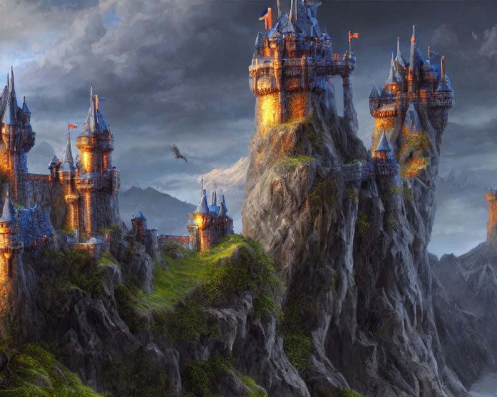 Fantastical landscape with castles, cliffs, bridges, and dragons