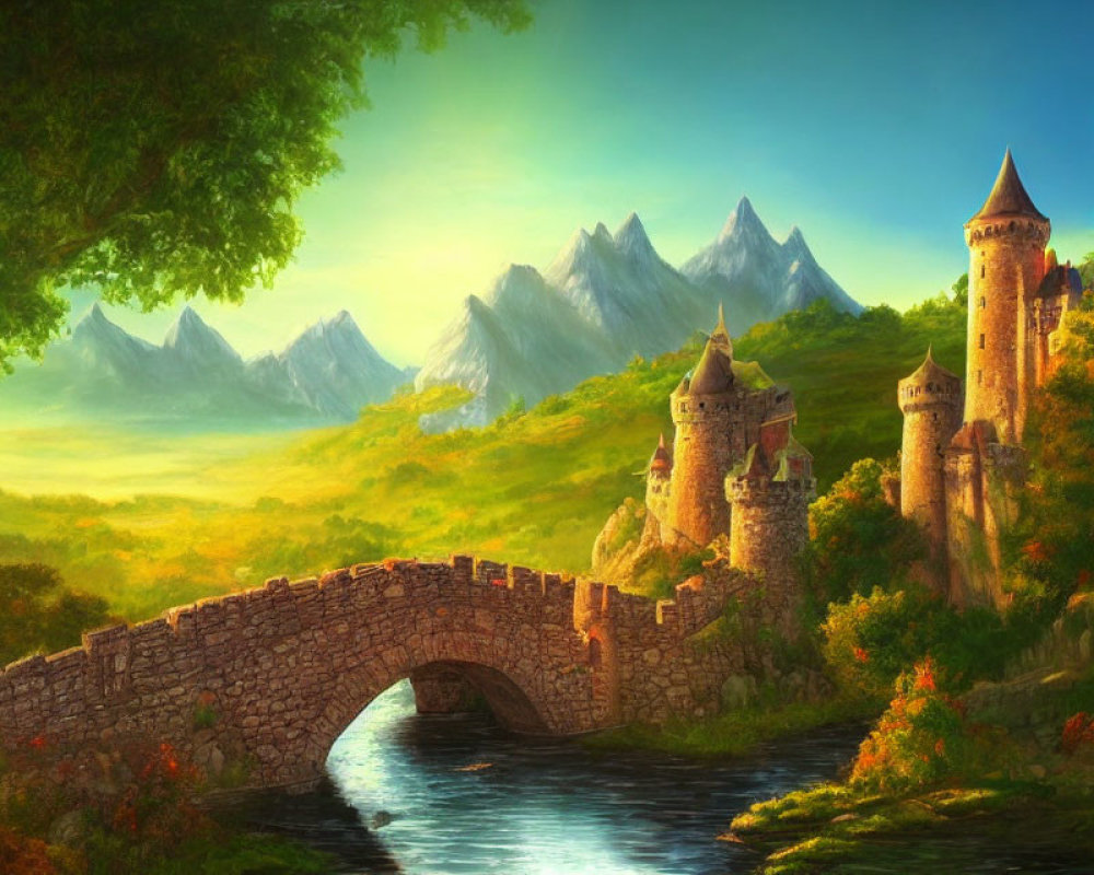 Scenic landscape with stone bridge, river, and castle nestled in lush greenery