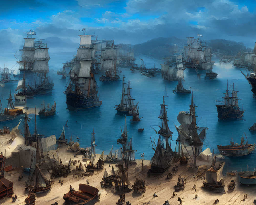 Busy port scene with tall sailing ships, people on docks, and mountainous backdrop