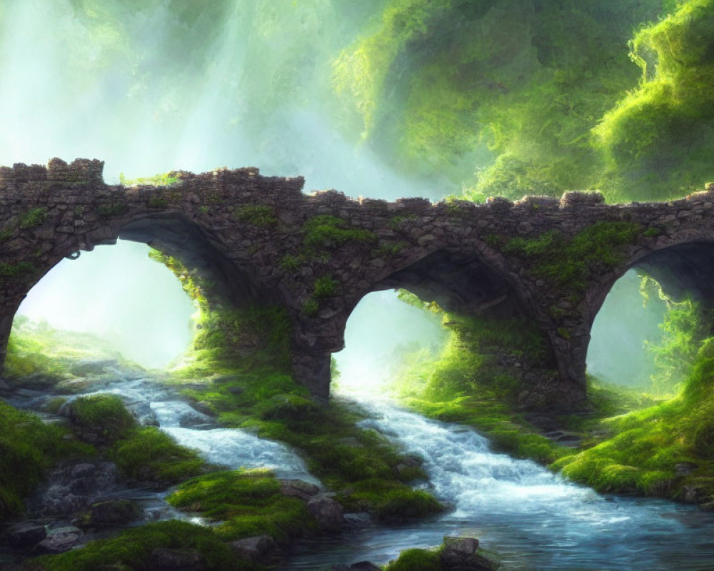 Double-arched ancient stone bridge over forest creek in ethereal sunlight