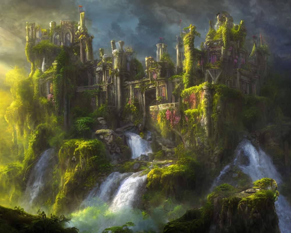 Ancient overgrown ruin with waterfalls and lush vegetation in sunlight beam.