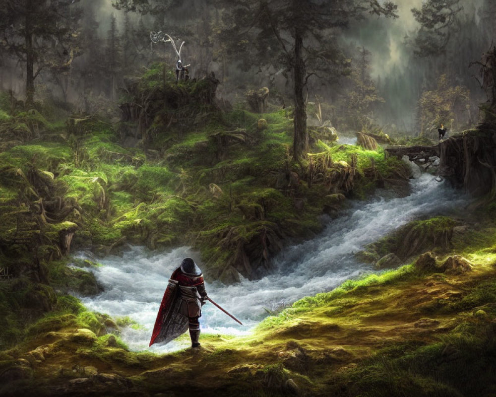 Knight in red cape by stream in enchanted forest with mystical figures