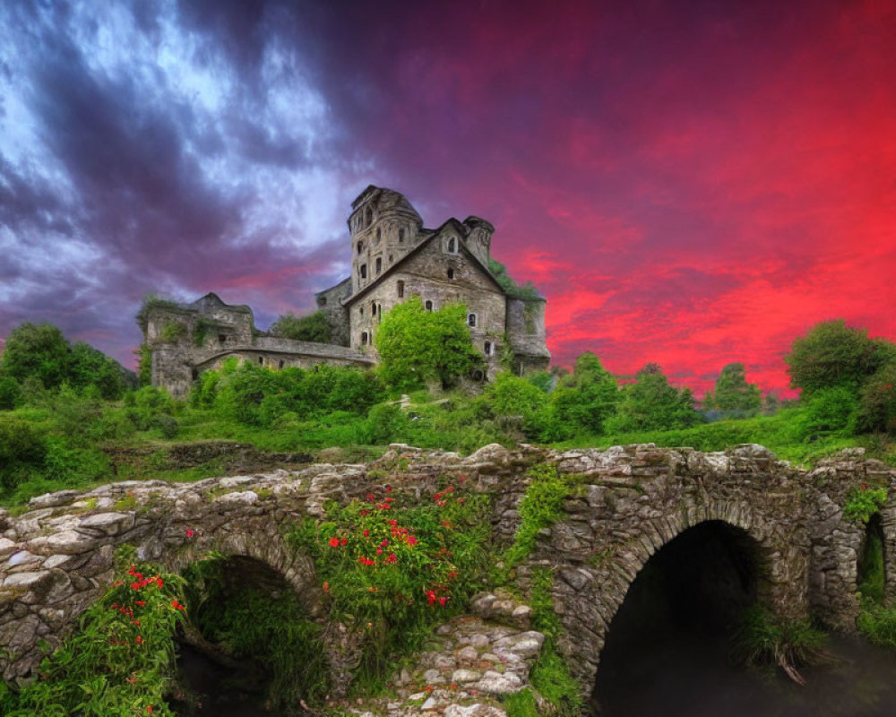 Stone castle in lush greenery with dramatic sky and ancient stone bridge