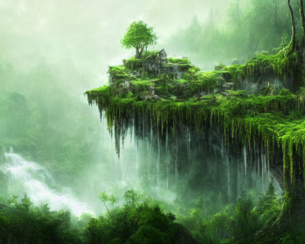 Mystical cliffside with lush greenery and waterfalls near ancient village