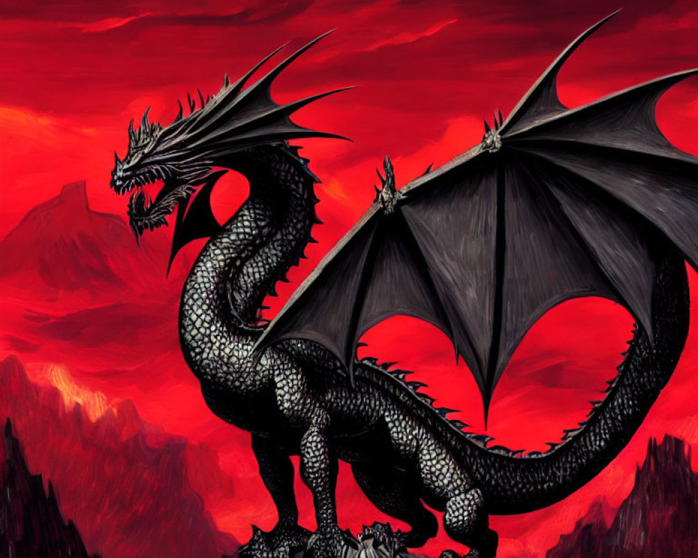 Black dragon with large wings on rocky terrain against red sky & mountains.