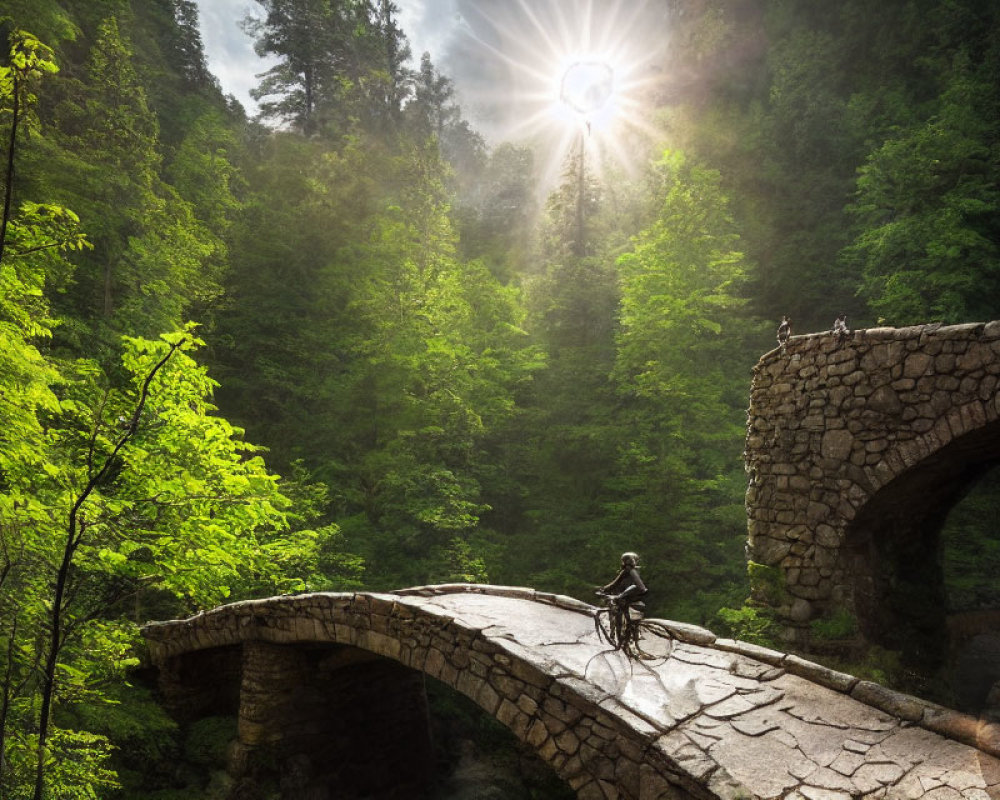 Cyclist on ancient stone bridge in lush forest with sunbeams.