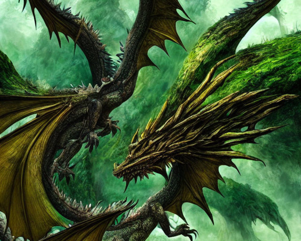 Majestic dragon with expansive wings in misty green forest