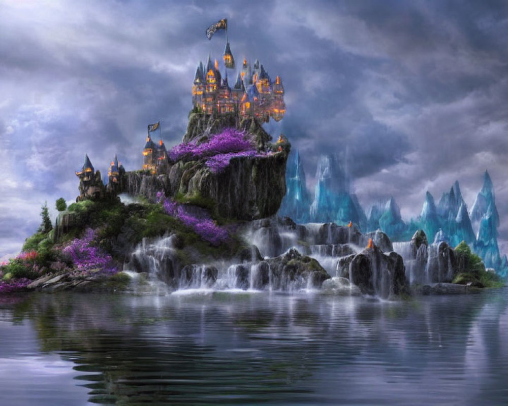 Mystical castle on rocky island with waterfalls and crystal formations