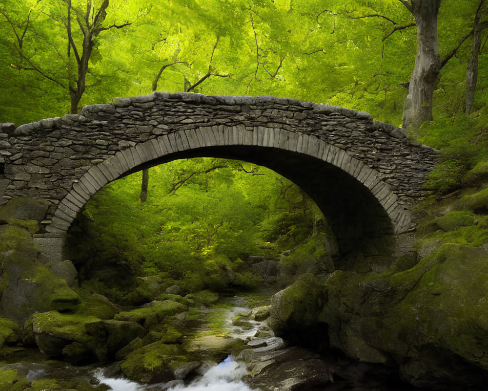 Stone bridge over stream in lush green forest with light filtering through canopy