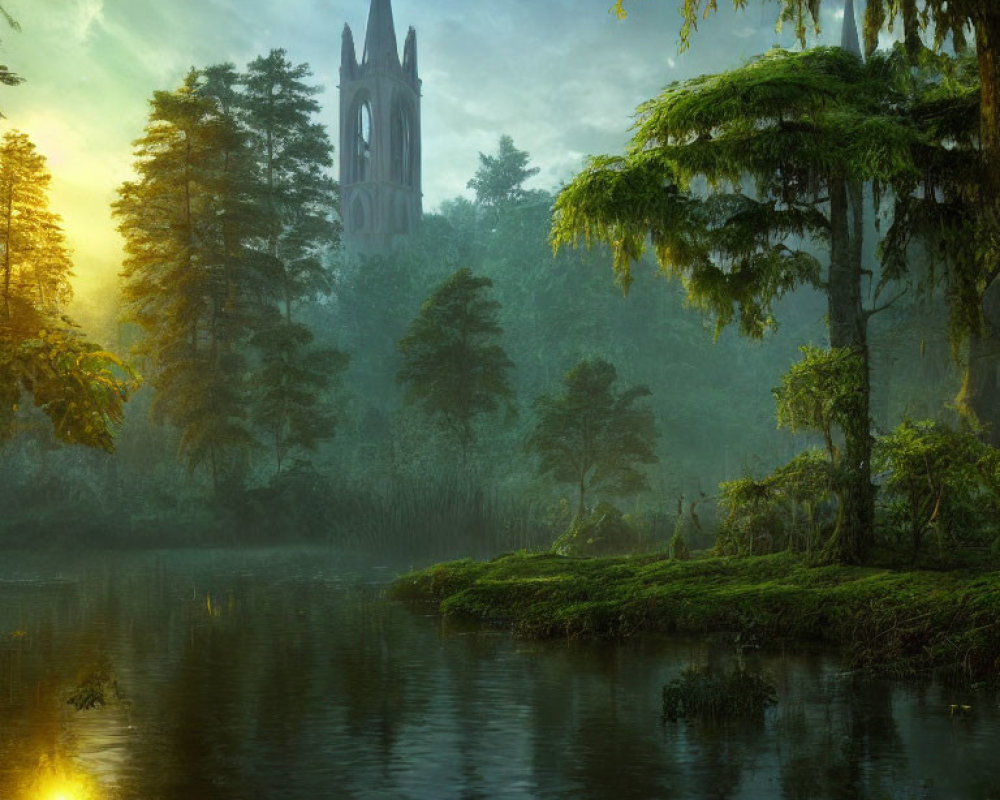 Misty forest dawn with gothic church by calm lake