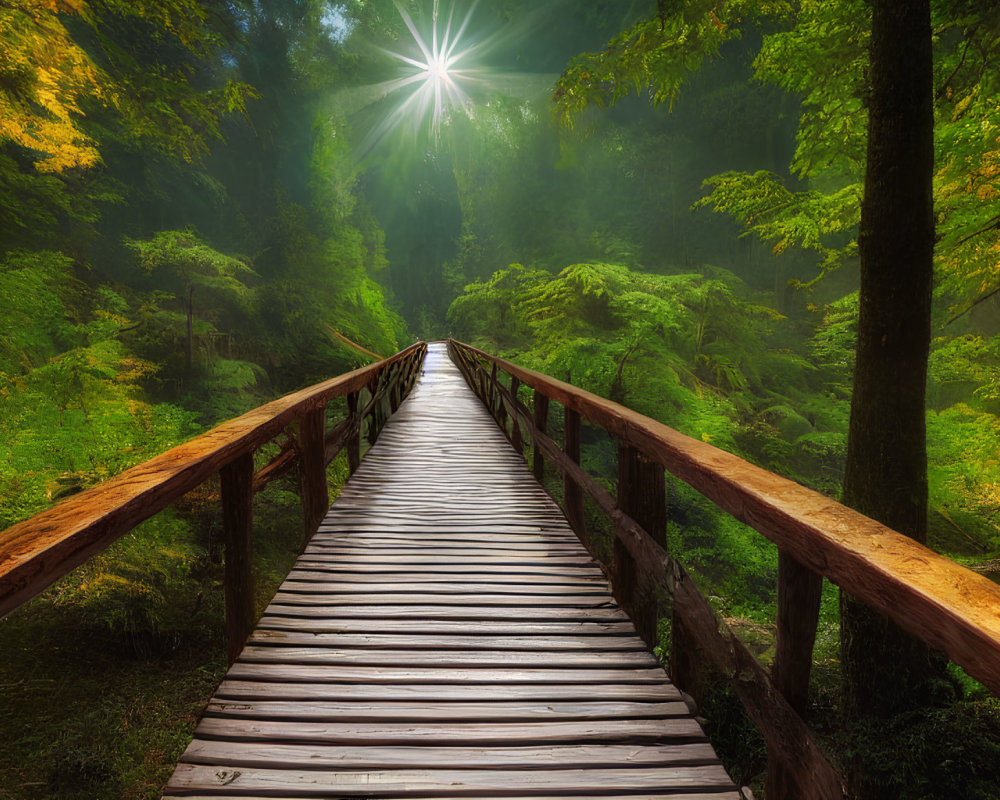 Wooden bridge in lush forest with sunlight filtering through canopy