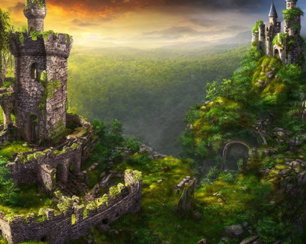 Ancient Stone Castles in Lush Green Forest at Sunset