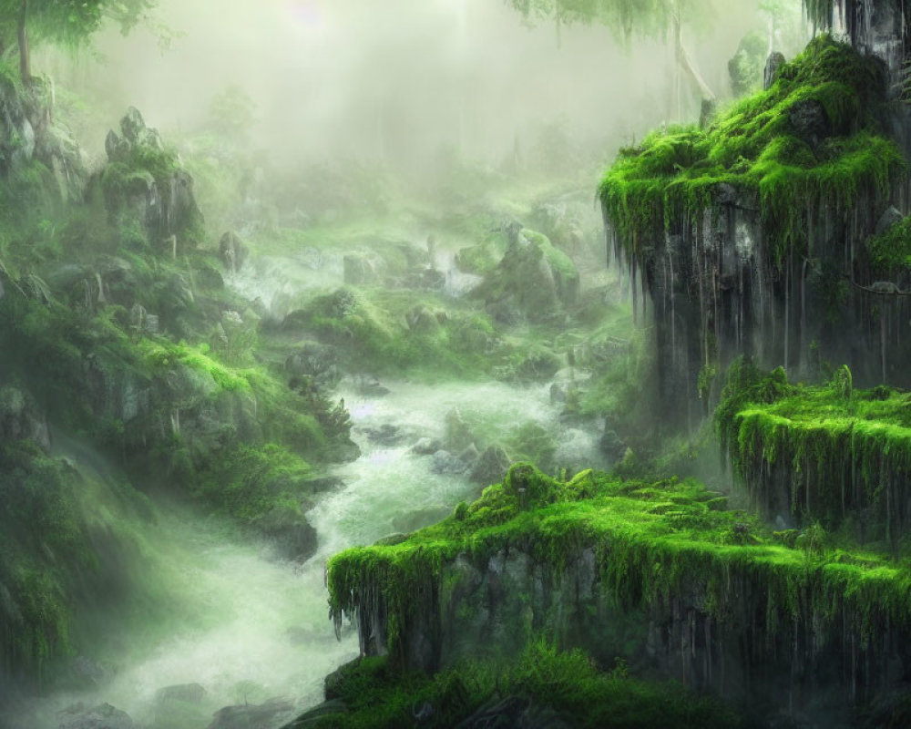 Mystical foggy forest with moss-covered cliffs and rushing stream