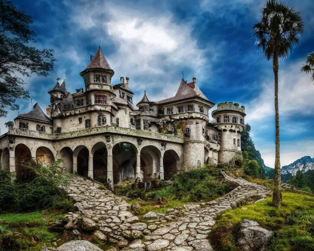 Stone castle with turrets, archways, cobblestone path, palm tree, and dramatic sky