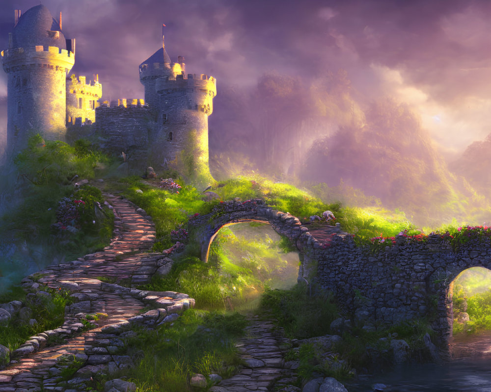 Fantasy castle on lush hill with cobblestone bridge in warm sunlight