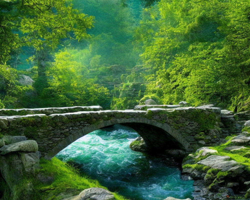 Ancient stone bridge over vibrant blue stream in lush green setting