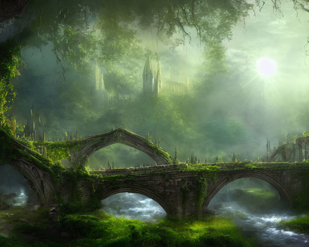 Ethereal forest scene with stone bridge, stream, and gothic castle