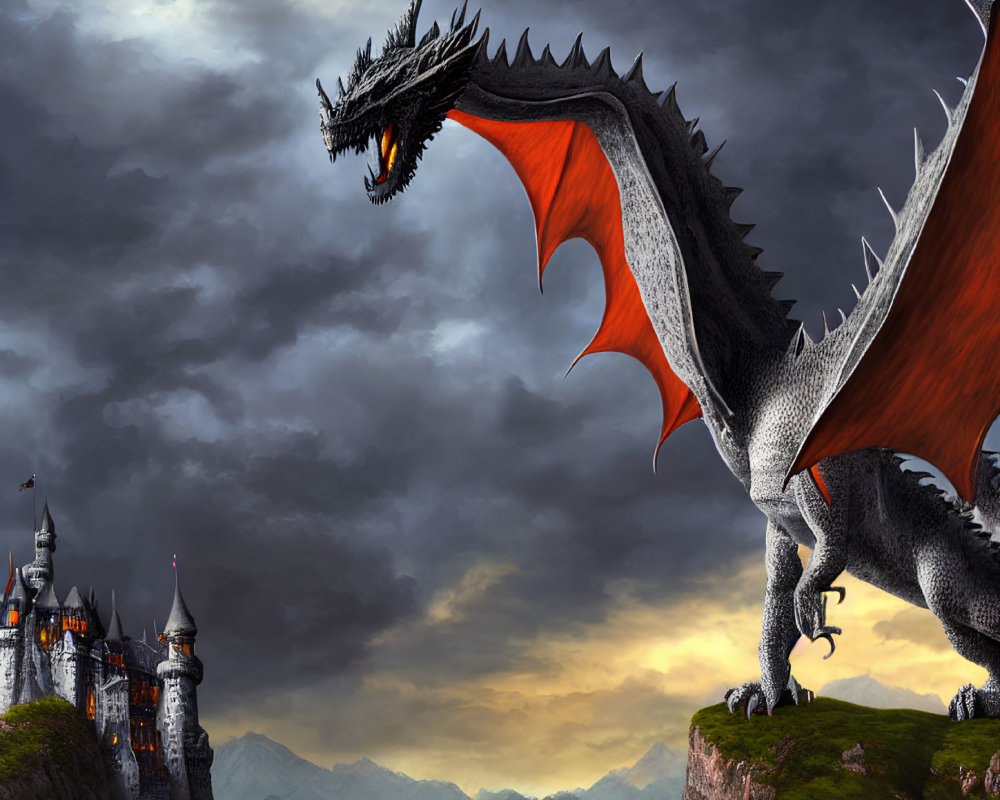 Gray dragon with red wings overlooking castle on cliff in dramatic landscape