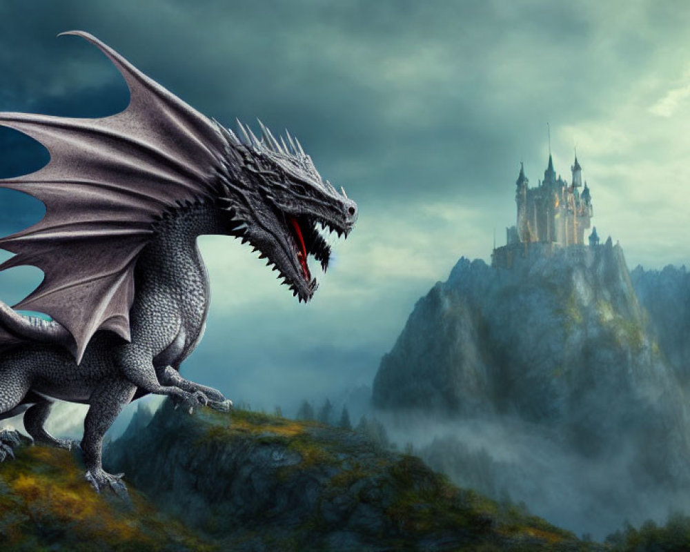 Dragon overlooking misty landscape with castle on rocky peak