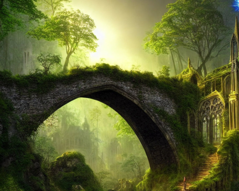 Stone arch bridge covered in moss and vines with glowing blue butterfly in magical forest setting