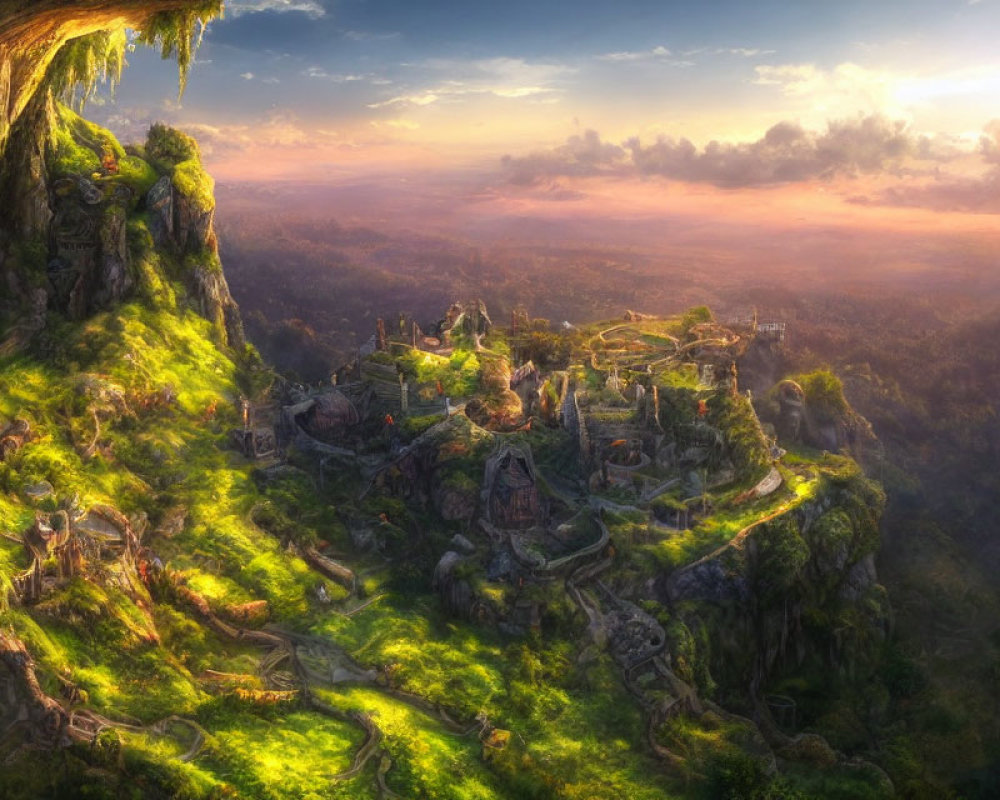 Fantasy landscape: Ancient cliffside city at sunrise