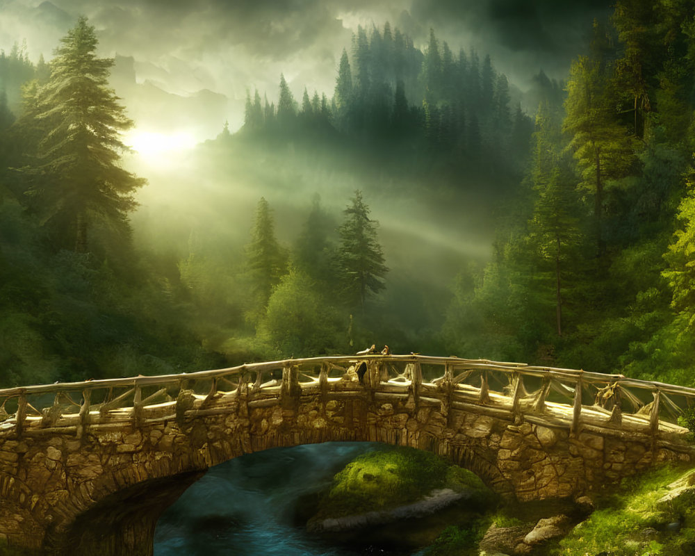 Stone bridge over stream in misty forest with golden sunlight