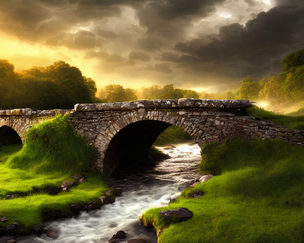 Ancient stone bridge over tranquil stream in lush greenery under dramatic sky