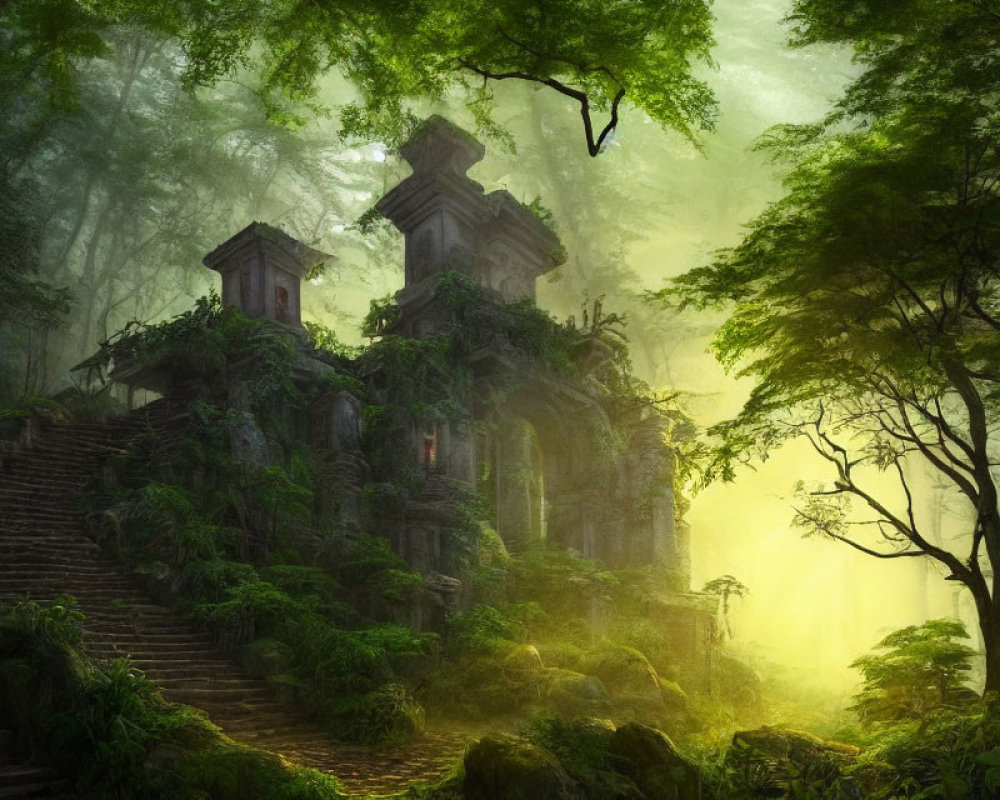 Mystical forest with ancient stone temples and ethereal light