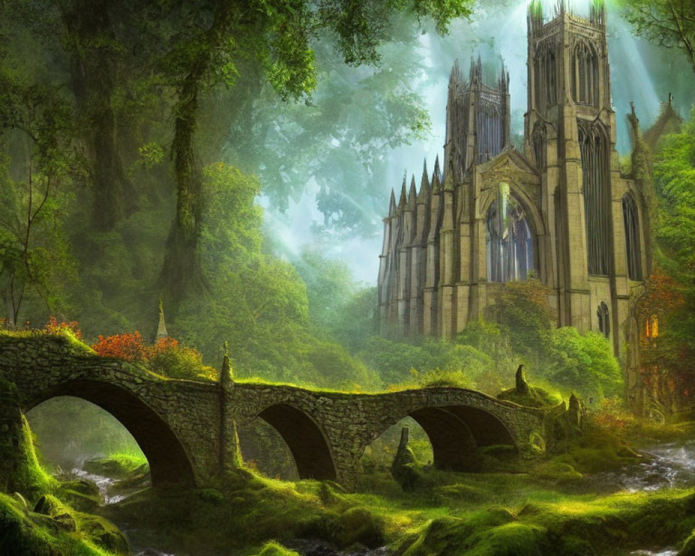 Ancient stone bridge and Gothic cathedral in misty forest landscape