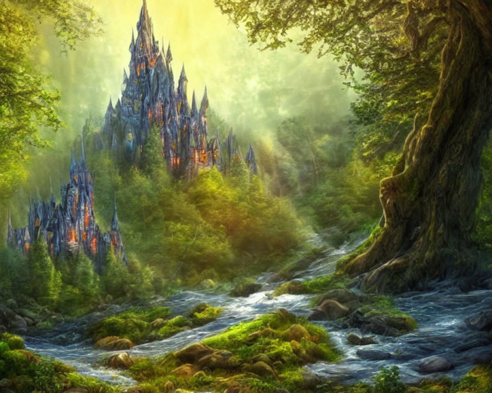 Crystal castle in lush forest with golden sunlight and sparkling stream