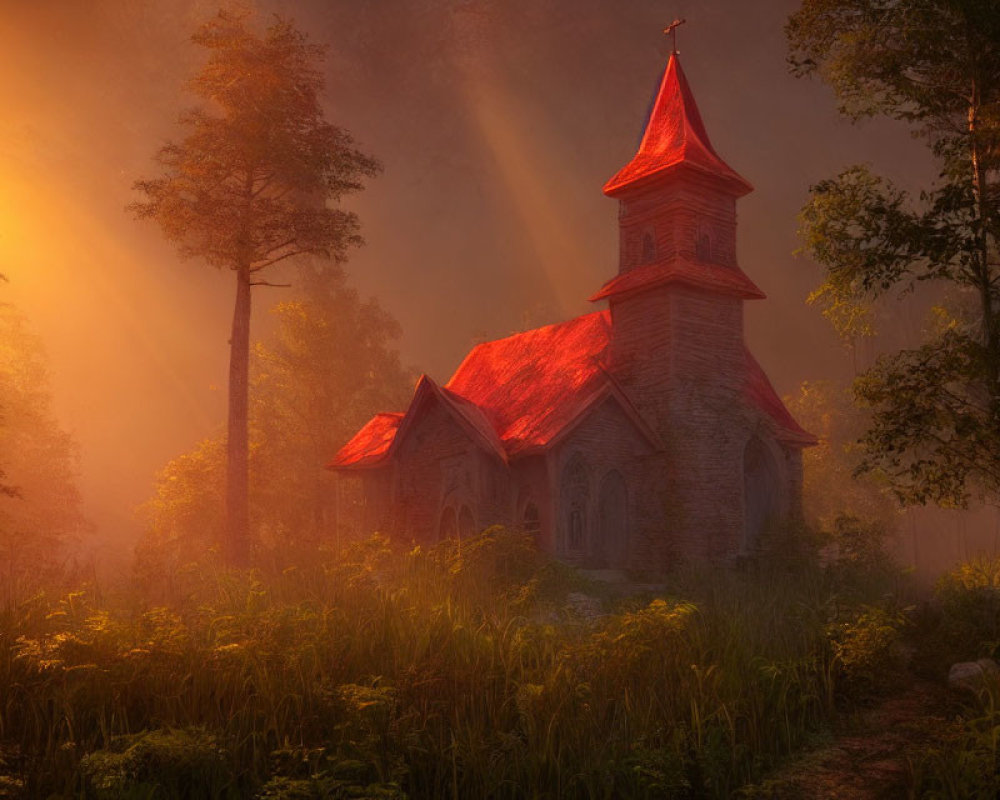 Stone church with red roof in golden sunlight amidst forest and mist.