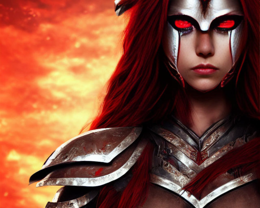 Female warrior in silver armor with glowing red eyes against red sky