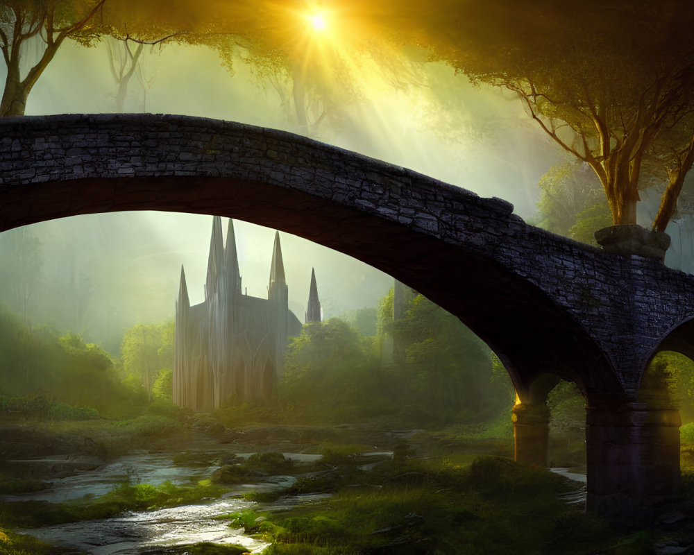 Stone bridge over tranquil stream in misty landscape with distant cathedral