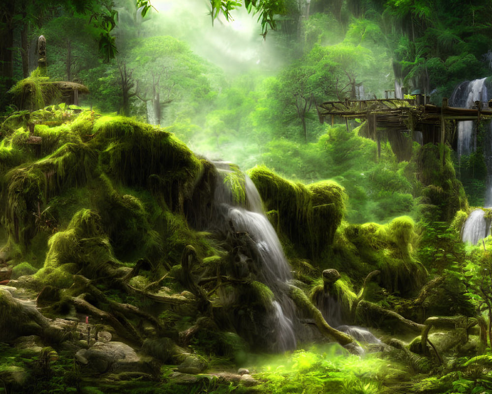 Serene forest scene with waterfalls, mossy rocks, wooden bridge, and sunlight beams.