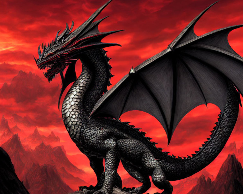 Black Dragon on Rocky Outcrop with Unfurled Wings in Red Sky