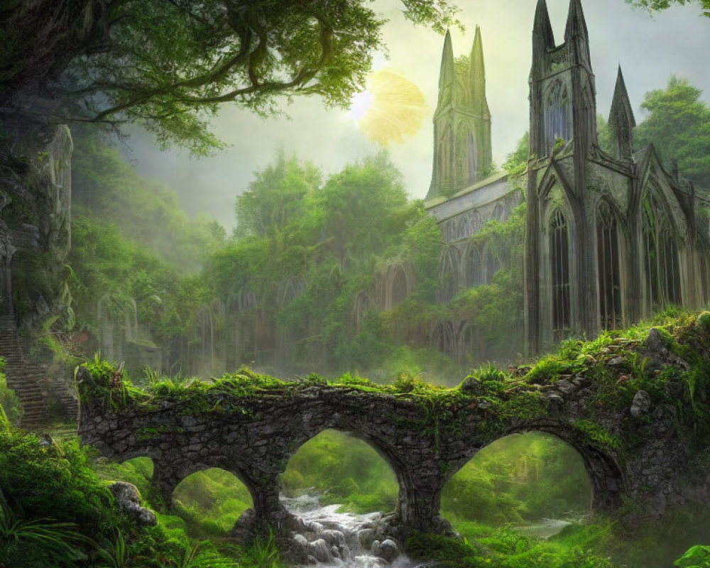 Mystical forest with stone bridge, Gothic cathedral, and lush greenery