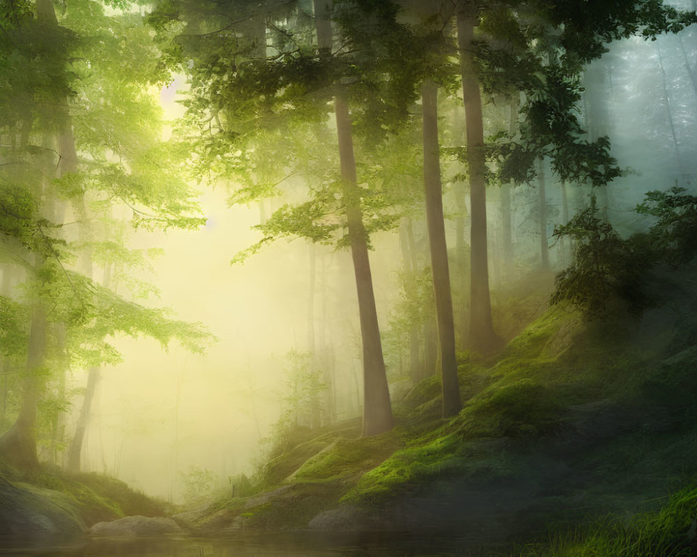 Tranquil Forest Scene with Sunlight, Moss, Trees, and Creek