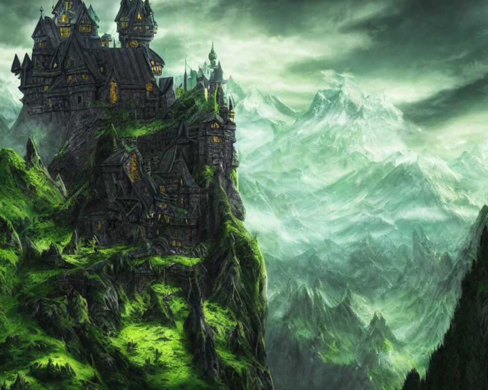 Gothic castle on rugged cliffs in fantasy landscape