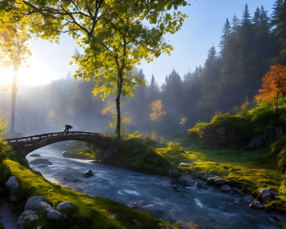 Person on Arched Stone Bridge Over Vibrant Stream Amid Misty Woods