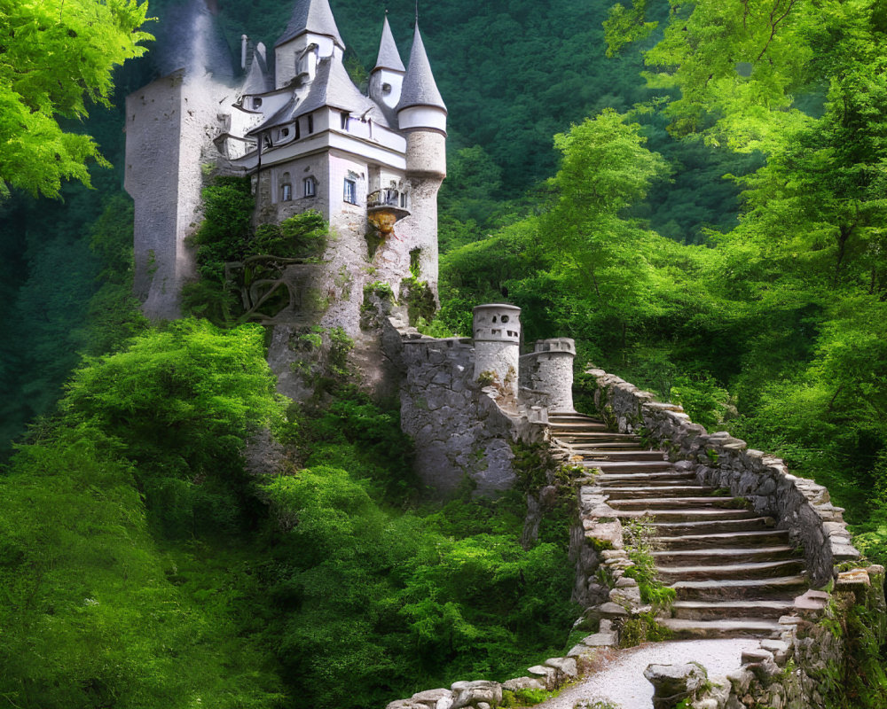 Castle with multiple spires on lush green hillock connected by ancient stone stairway through verdant forest